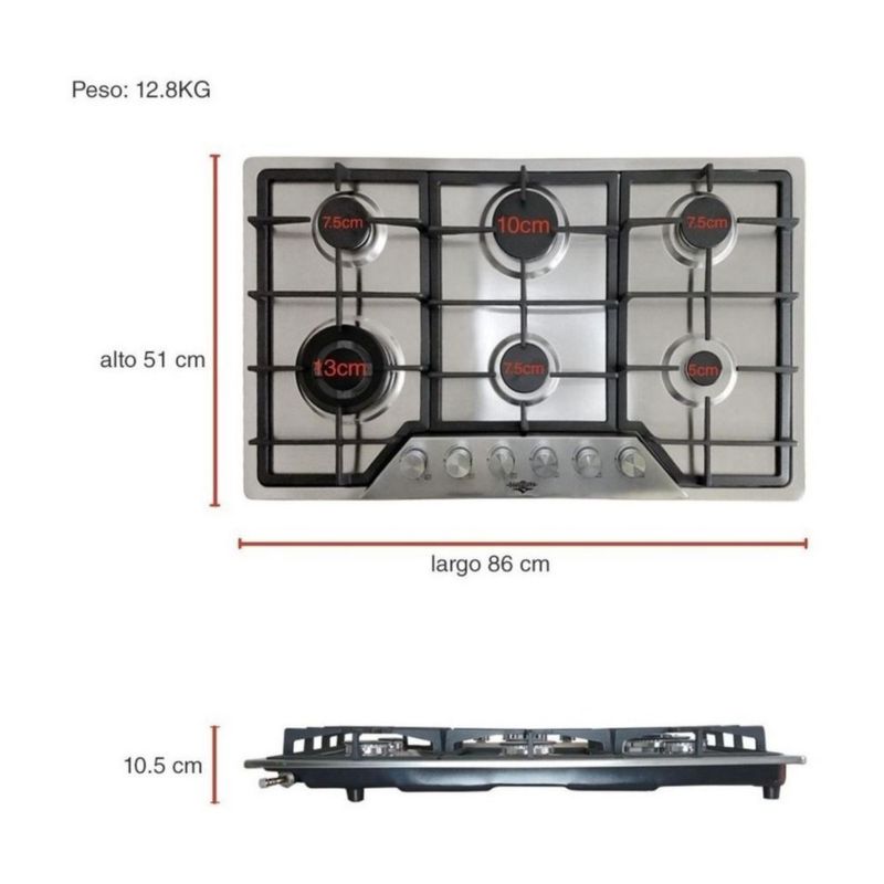 Parrilla De Gas Empotrable 6 Quemadores Acero Inoxidable Encendido Electrónico Gas Lp Gas Natural Hornellas Base Acero Fácil Limpieza