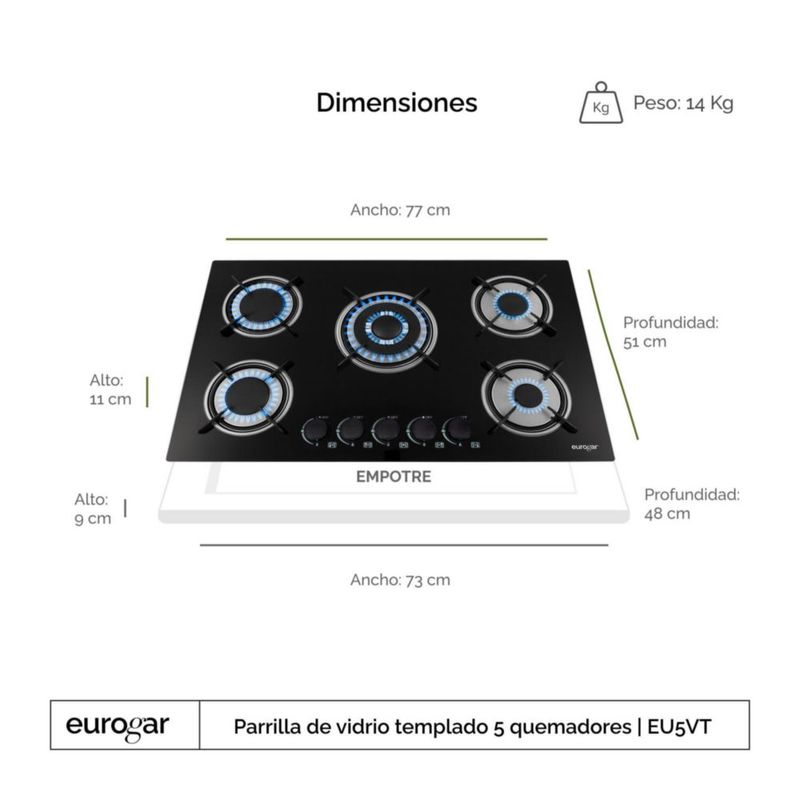 Parrilla A Gas 5 Quemadores Empotrable Vidrio Templado Premium Gas LP y Natural 77cm Eurogar EU5VT