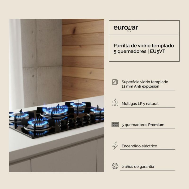 Parrilla A Gas 5 Quemadores Empotrable Vidrio Templado Premium Gas LP y Natural 77cm Eurogar EU5VT