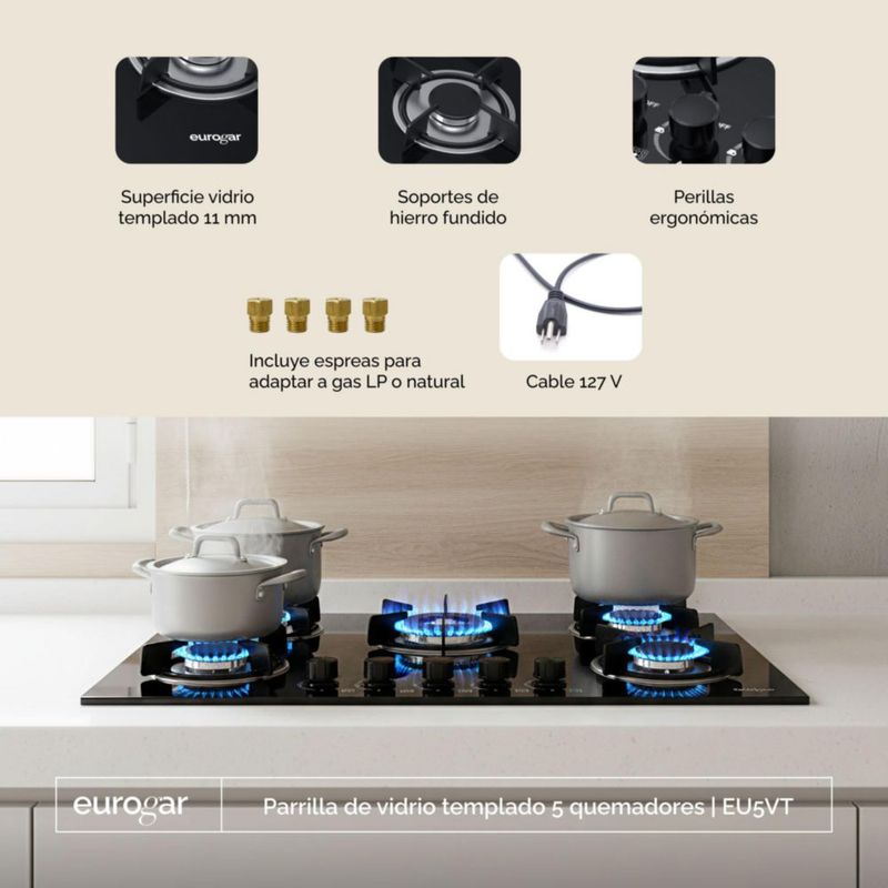Parrilla A Gas 5 Quemadores Empotrable Vidrio Templado Premium Gas LP y Natural 77cm Eurogar EU5VT
