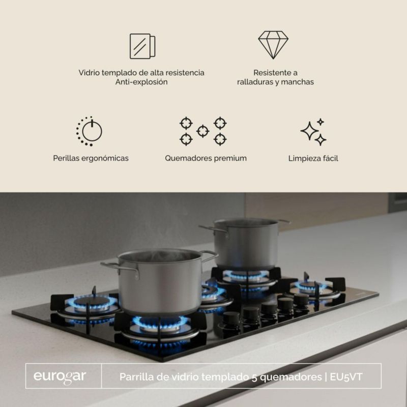 Parrilla A Gas 5 Quemadores Empotrable Vidrio Templado Premium Gas LP y Natural 77cm Eurogar EU5VT