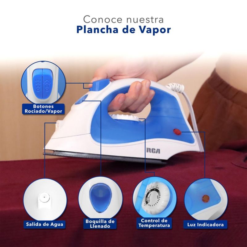 RCA Plancha de Vapor RC-D508B con Suela Antiadherente, Control de Temperatura, Rociador de Agua, Tanque con Capacidad de 150 ml y Vapor Vertical