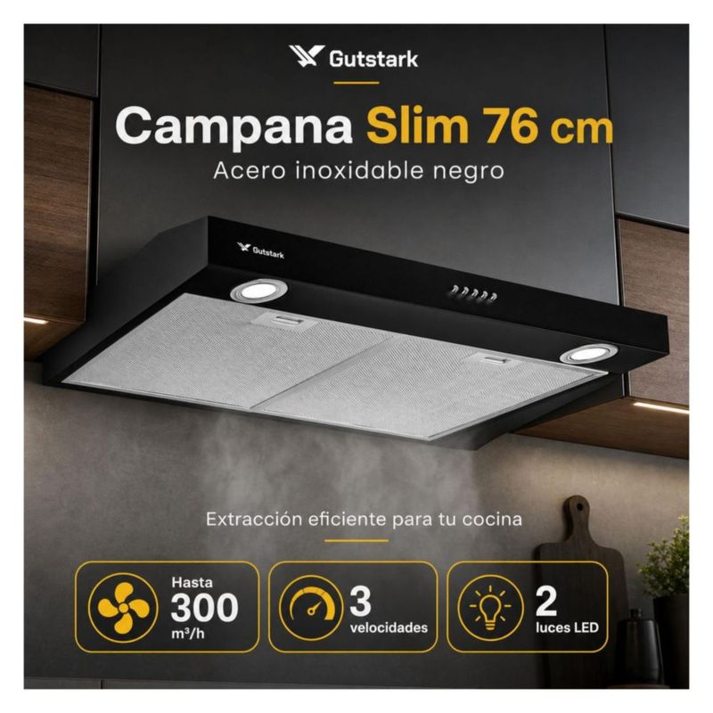 Campana Extractora para Cocina de 76 Cm Gabinete Estructura de Acero Inoxidable Luz LED Gutstark