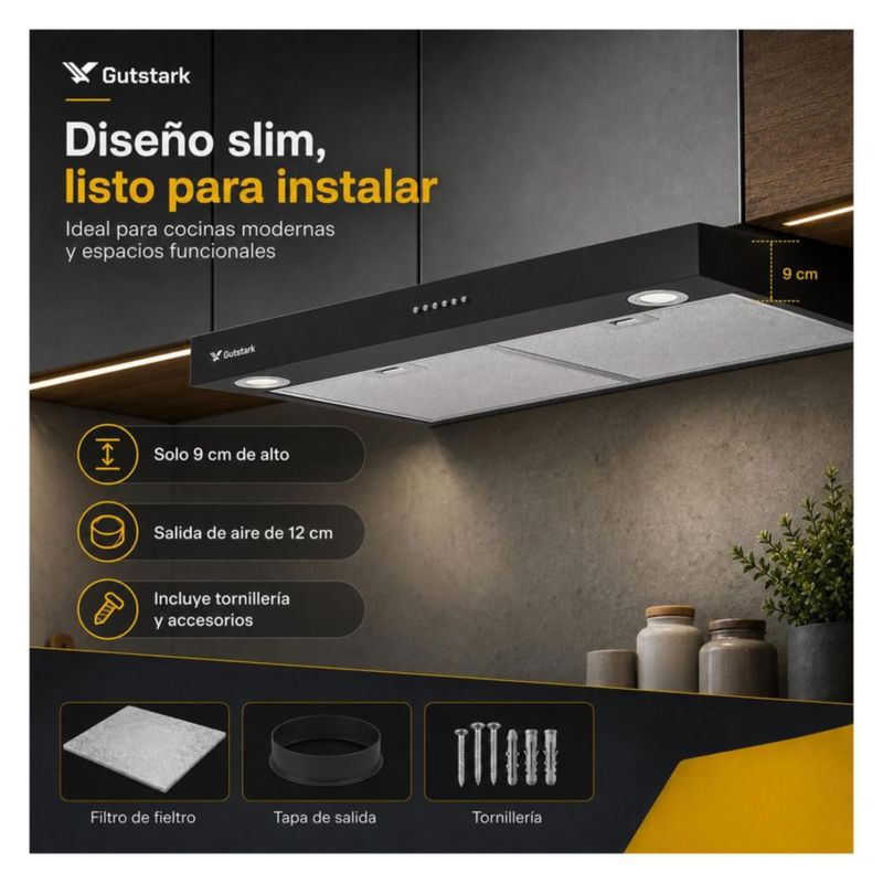 Campana Extractora para Cocina de 76 Cm Gabinete Estructura de Acero Inoxidable Luz LED Gutstark