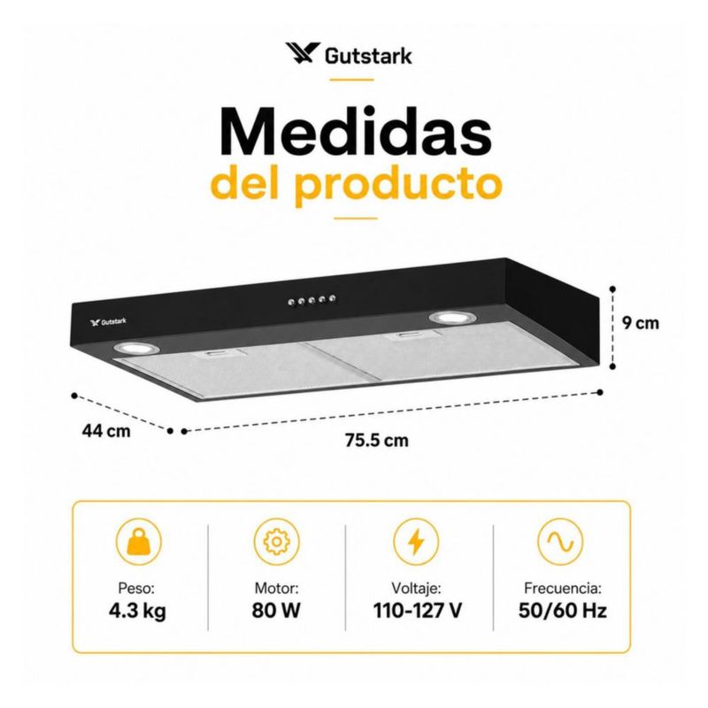 Campana Extractora para Cocina de 76 Cm Gabinete Estructura de Acero Inoxidable Luz LED Gutstark