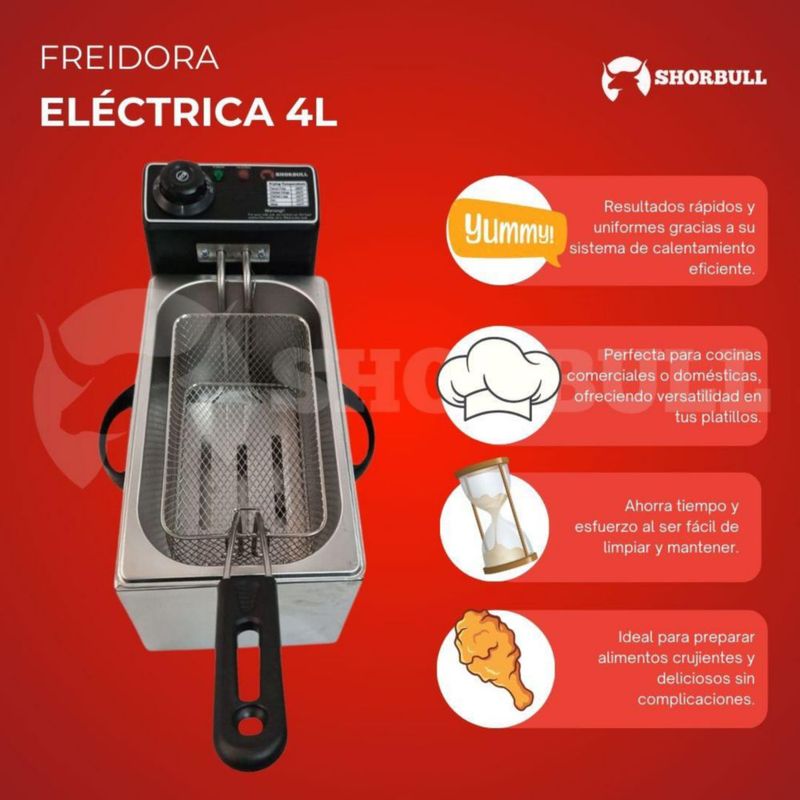 Freidora Eléctrica 4L Shorbull de Acero Inoxidable