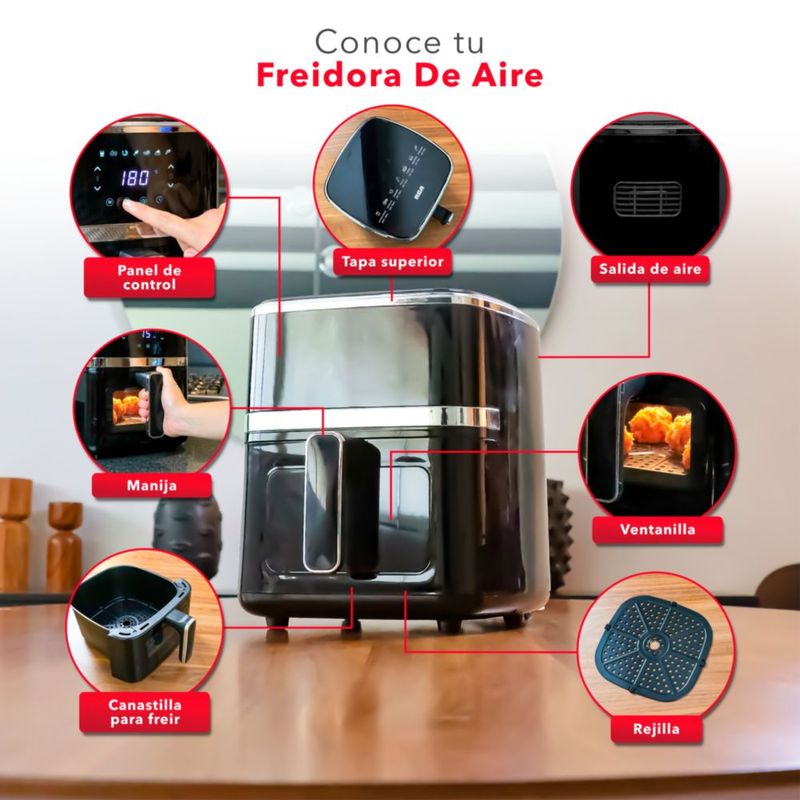 RCA Freidora de Aire RC-110, Capacidad de 5L, 8 Cocciones, Olla Antiadherente, Temporizador con Apagado Automático, Diseño Moderno en Negro.