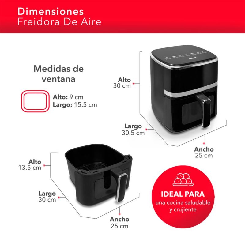 RCA Freidora de Aire RC-110, Capacidad de 5L, 8 Cocciones, Olla Antiadherente, Temporizador con Apagado Automático, Diseño Moderno en Negro.