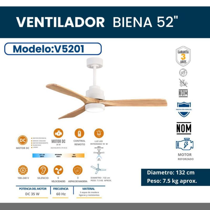 Ventilador decorativo 52" / luz LED de 18W integrada y control de 6 vel. Mod. Viena Blanco-Natural