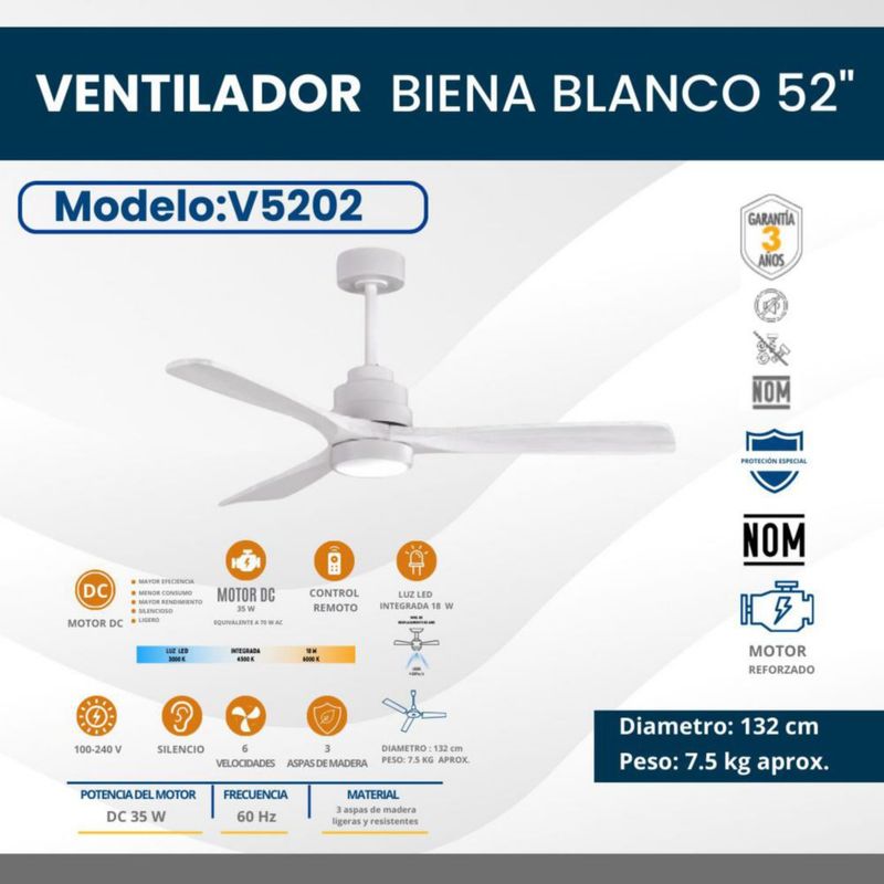 Ventilador decorativo 52" / luz LED de 18W integrada y control de 6 vel. Mod. Viena Blanco -Blanco