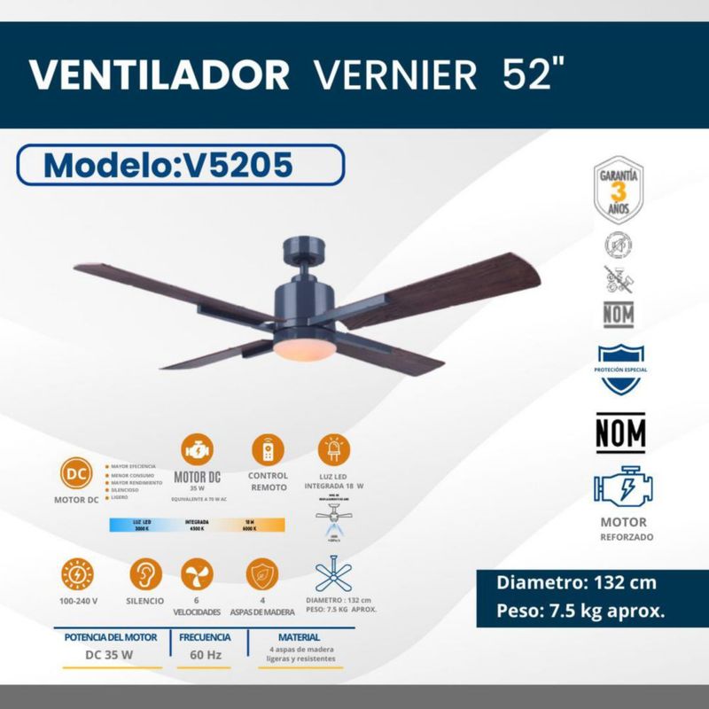 Ventilador decorativo 52" / luz LED de 18W integrada y control de 6 vel. Mod. Vernier Cromo - Wengue