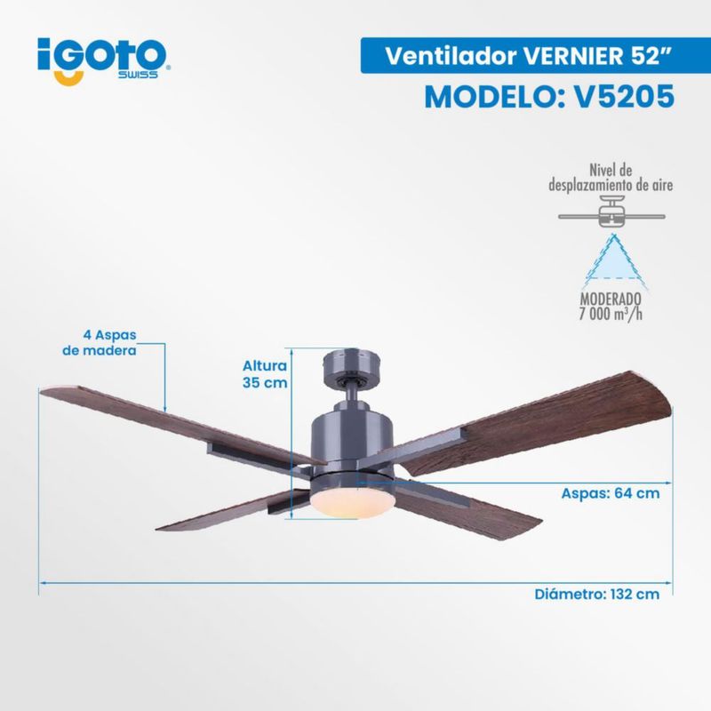 Ventilador decorativo 52" / luz LED de 18W integrada y control de 6 vel. Mod. Vernier Cromo - Wengue