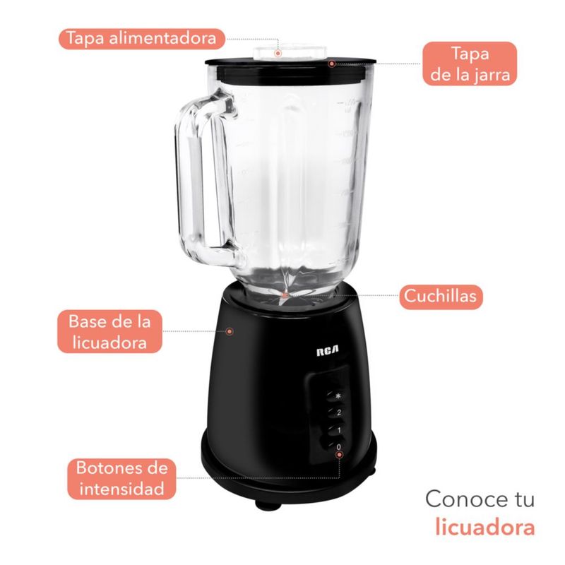 RCA Licuadora RC-L2, Jarra de Vidrio 1.5 L, Cuchillas de Acero Inoxidable, Mezclas Suaves y Uniformes, 2 Velocidades, 350 W.