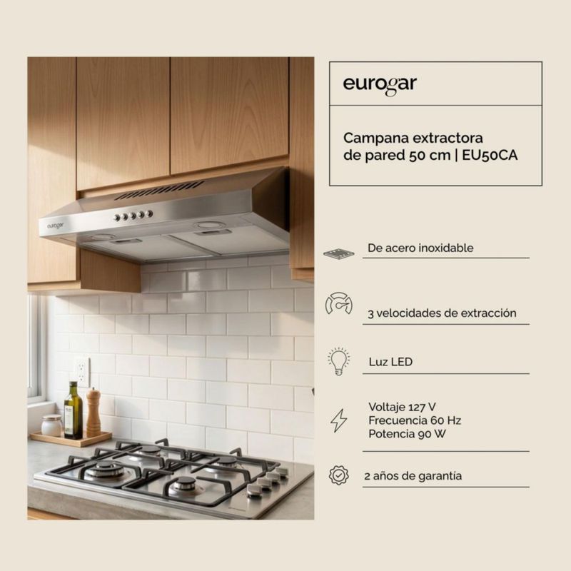 Campana de pared 50 cm 180 m3/h de extracción EUROGAR EU50CA
