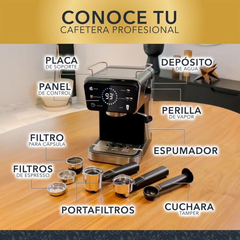 RCA Cafetera Profesional RC-CAF5, 2 en 1 para Café Molido y Cápsulas, Espumador, Pantalla Inteligente, 1.5L, 5 Funciones y Diseño Compacto.