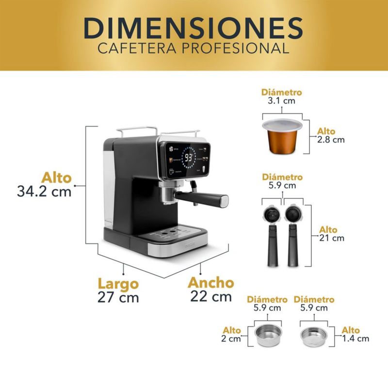 RCA Cafetera Profesional RC-CAF5, 2 en 1 para Café Molido y Cápsulas, Espumador, Pantalla Inteligente, 1.5L, 5 Funciones y Diseño Compacto.