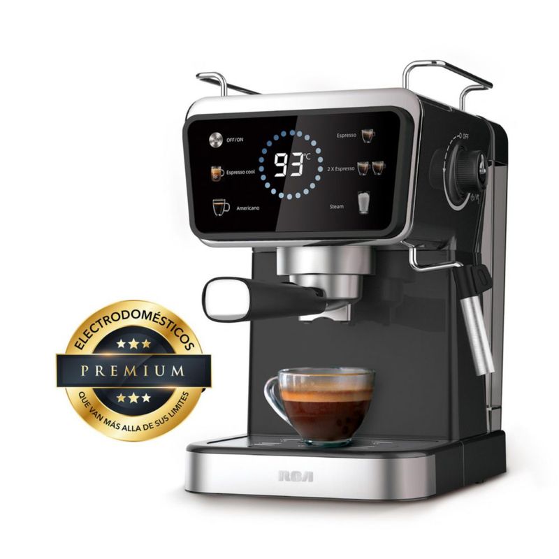 RCA Cafetera Profesional RC-CAF5, 2 en 1 para Café Molido y Cápsulas, Espumador, Pantalla Inteligente, 1.5L, 5 Funciones y Diseño Compacto.