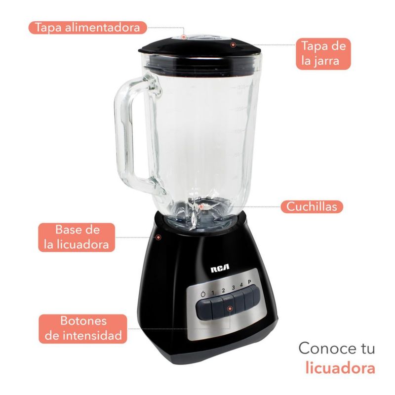 RCA Licuadora 4 Velocidades RC-L3 con Jarra de Vidrio de 1.5 L, Aspas de Acero Inoxidable, Versátil para Batidos, Bebidas y Procesador de Alimentos.