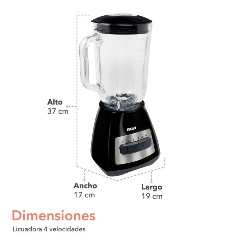 RCA Licuadora 4 Velocidades RC-L3 con Jarra de Vidrio de 1.5 L, Aspas de Acero Inoxidable, Versátil para Batidos, Bebidas y Procesador de Alimentos.