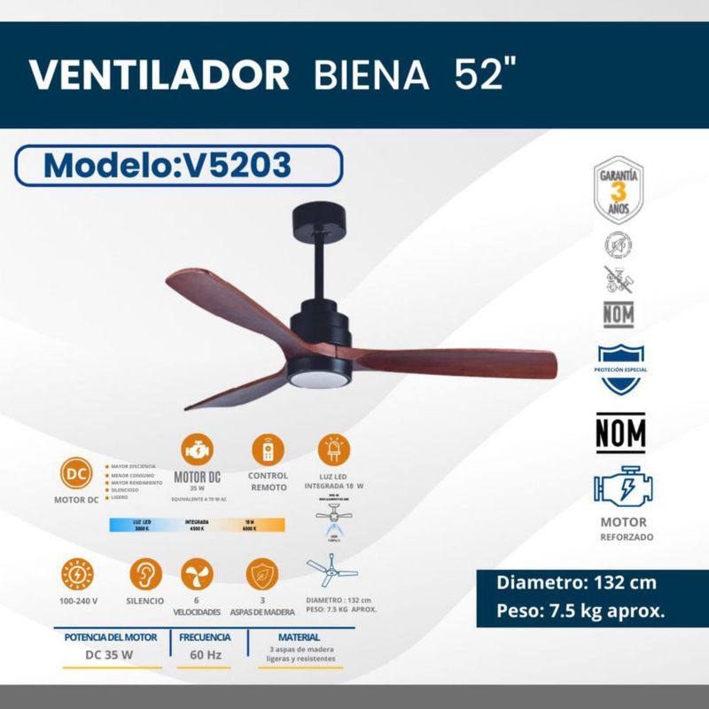 Ventilador decorativo 52" / luz LED de 18W integrada y control de 6 vel. Mod. Viena Negro - Nogal