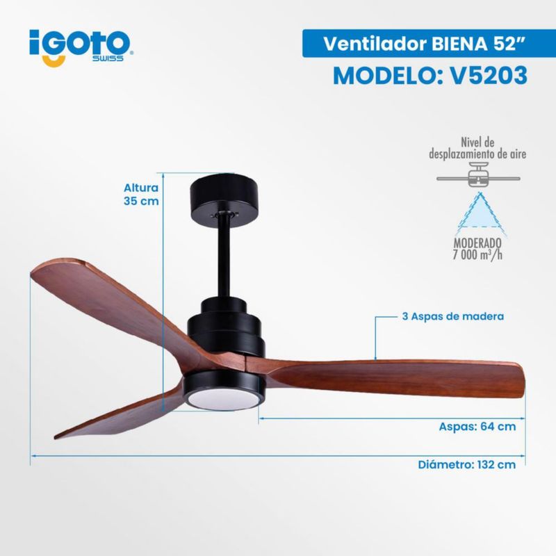 Ventilador decorativo 52" / luz LED de 18W integrada y control de 6 vel. Mod. Viena Negro - Nogal