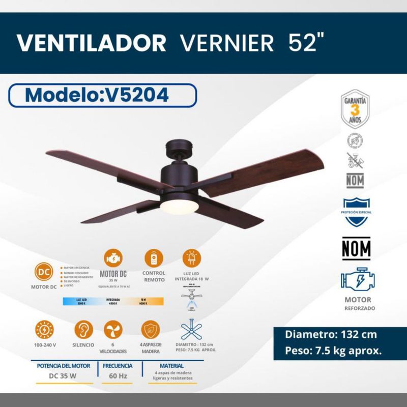 Ventilador decorativo 52" / luz LED de 18W integrada y control de 6 vel. Mod. Vernier Negro - Nogal