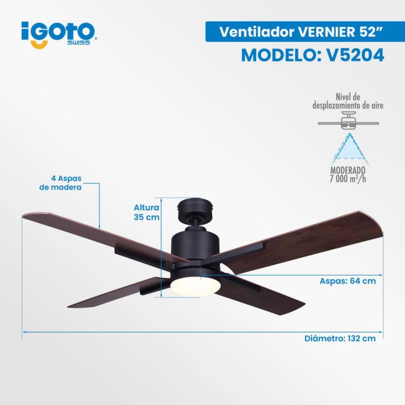Ventilador decorativo 52" / luz LED de 18W integrada y control de 6 vel. Mod. Vernier Negro - Nogal