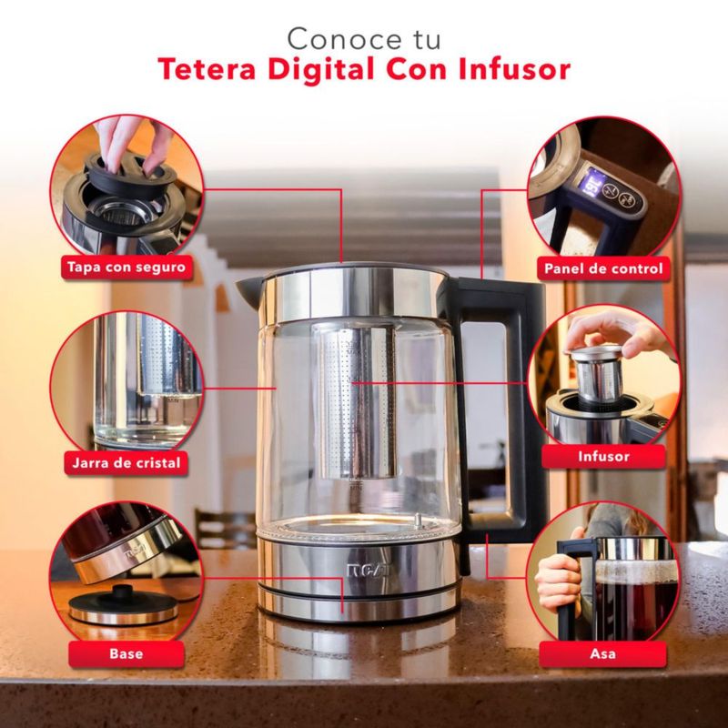 RCA Tetera Eléctrica RC-330 con Infusor de Té Extraíble – Hervidor de Agua de Cristal, Base Giratoria 360°, Panel Digital, 1.8 Litros