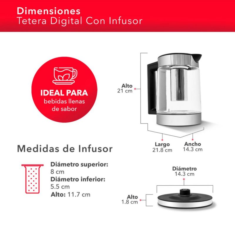 RCA Tetera Eléctrica RC-330 con Infusor de Té Extraíble – Hervidor de Agua de Cristal, Base Giratoria 360°, Panel Digital, 1.8 Litros