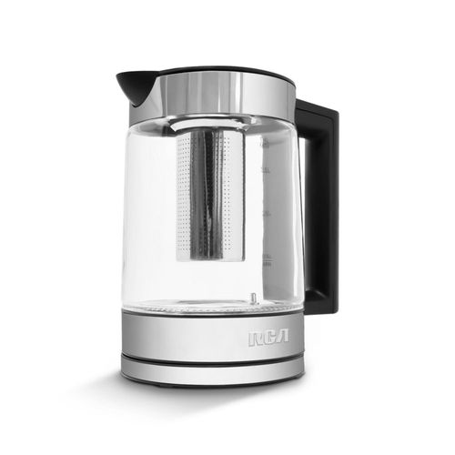 RCA Tetera Eléctrica RC-330 con Infusor de Té Extraíble – Hervidor de Agua de Cristal, Base Giratoria 360°, Panel Digital, 1.8 Litros