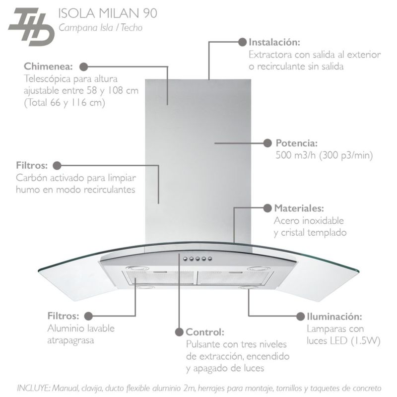 Campana Isla Ajustable IHD Isola Milan 90 de 90 cm Acero Inox Cristal Plano