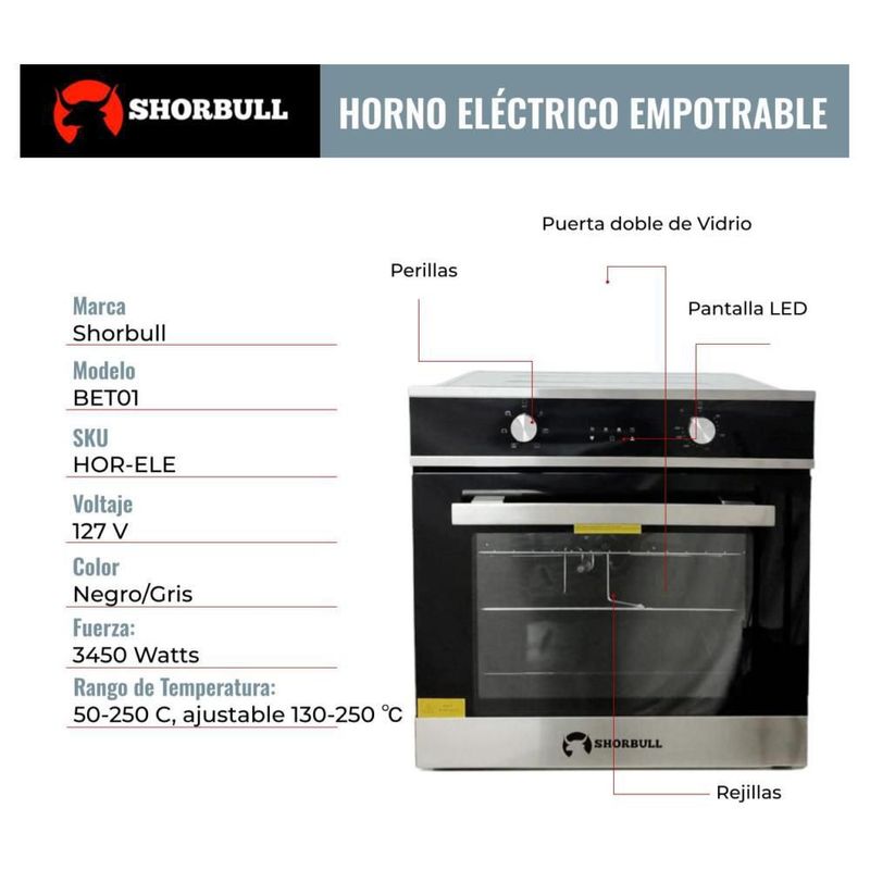 Horno Electrico Empotrable 65L Conveccion Shorbull