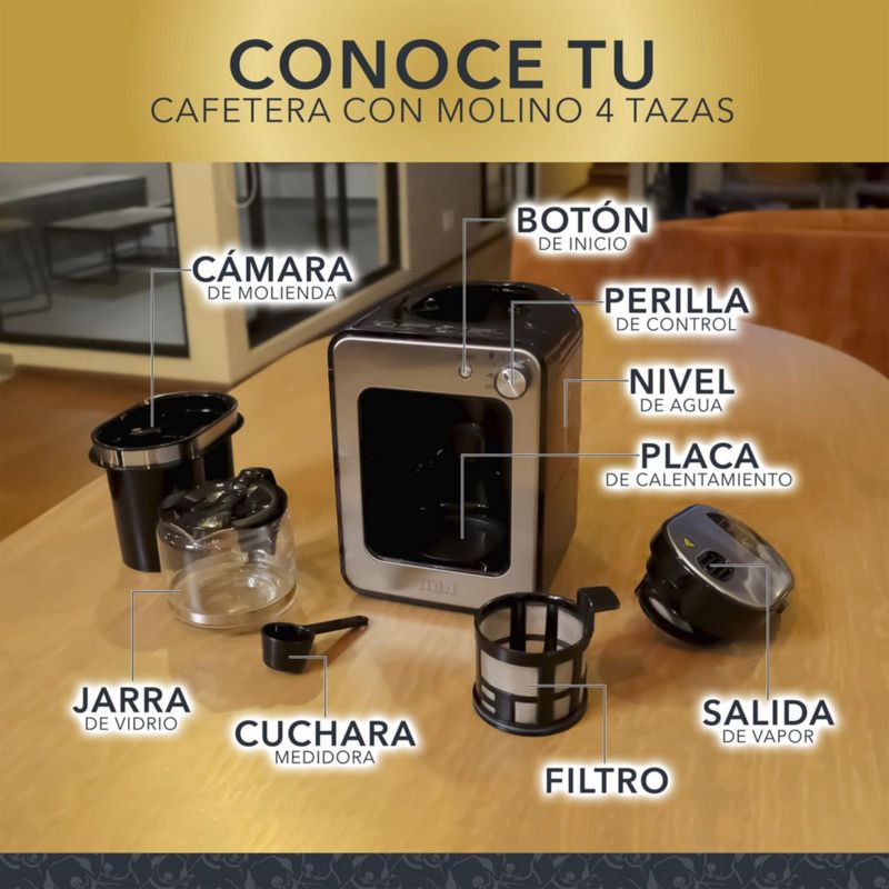 RCA Cafetera con Molino Integrado RC-CAF4 Inoxidable, Automática, 560ml, Capacidad 4 Tazas, Diseño Compacto, Sistema Antigoteo, Café Molido y en Grano