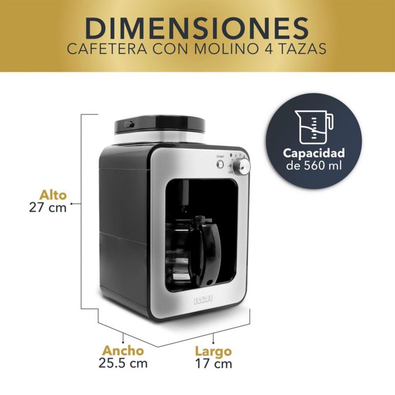 RCA Cafetera con Molino Integrado RC-CAF4 Inoxidable, Automática, 560ml, Capacidad 4 Tazas, Diseño Compacto, Sistema Antigoteo, Café Molido y en Grano