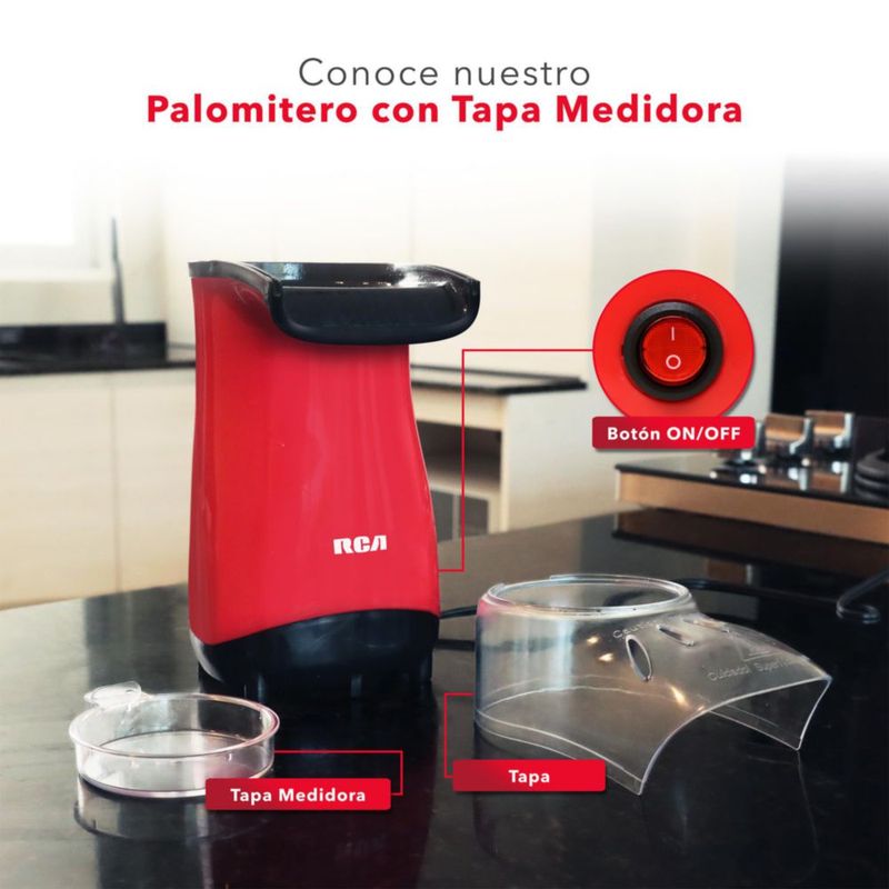 RCA Palomitero RC-1025, Tapa Medidora Incluida, Funciona con Aire Caliente, Capacidad de 70 gr, Luz Indicadora, Ideal para Fiestas y Cine en Casa