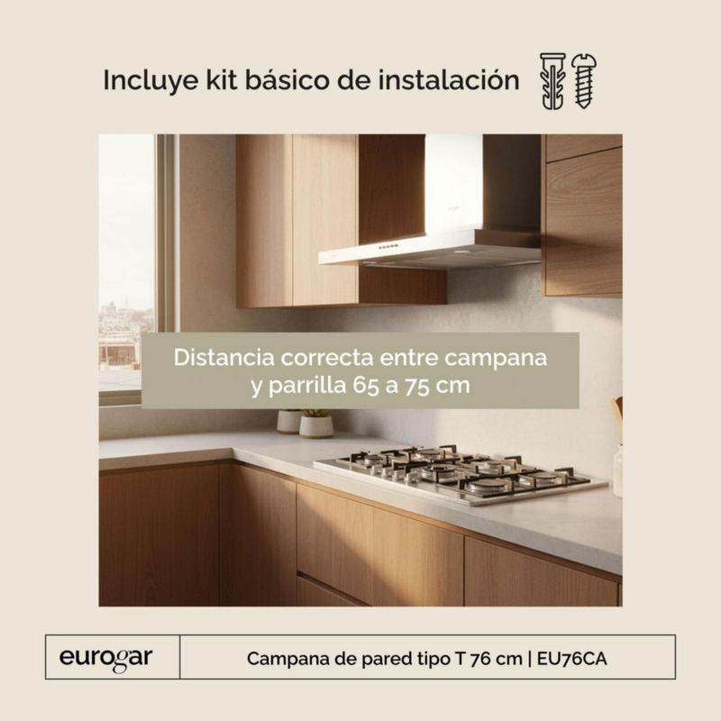 Campana de pared tipo T 76cm 400 m3/h extracción EUROGAR EU76CA