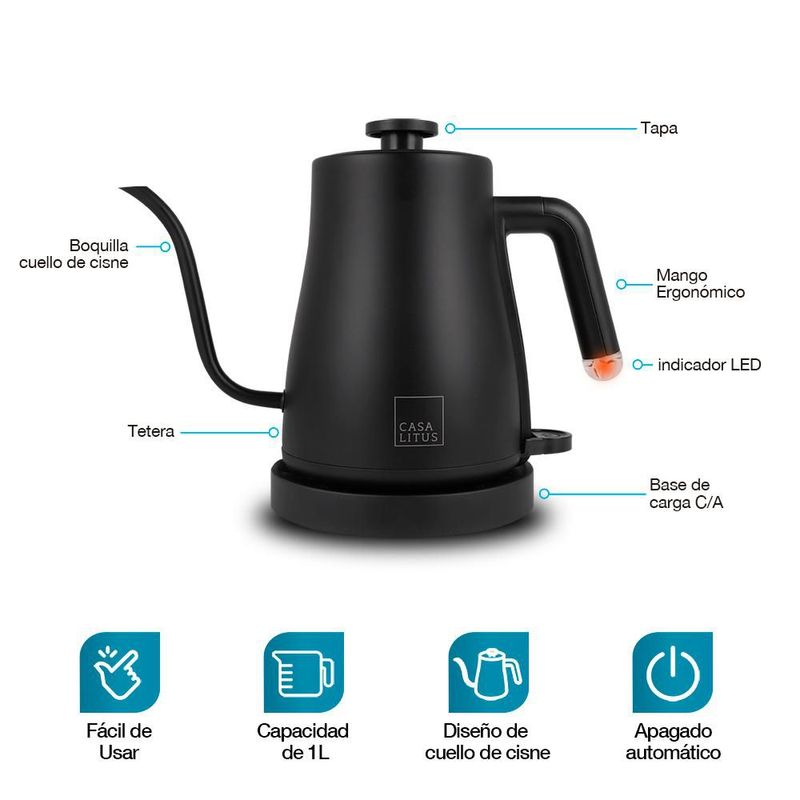 Tetera Eléctrica de Acero Inoxidable con Cuello de Cisne 1 Litro