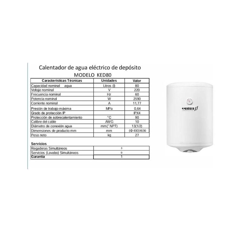 Calentador Agua Eléctrico De Deposito 80 Litros Ked80 Kruger