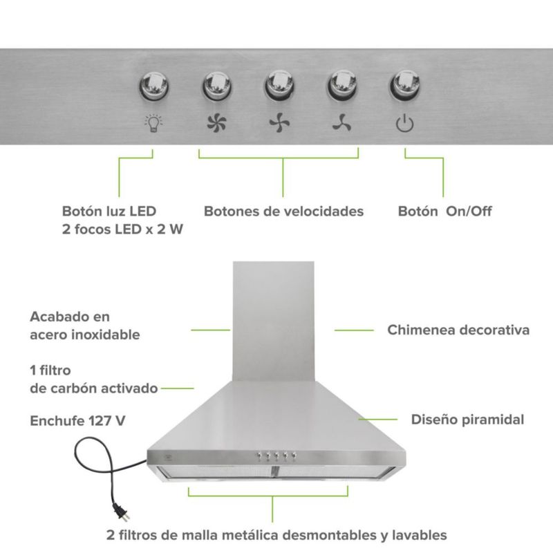Campana para cocina de pared piramidal 60cm 3 Velocidades, Doble Filtro de malla metálica y Filtro de carbón activado, Extrae y Purifica Avera CEP60