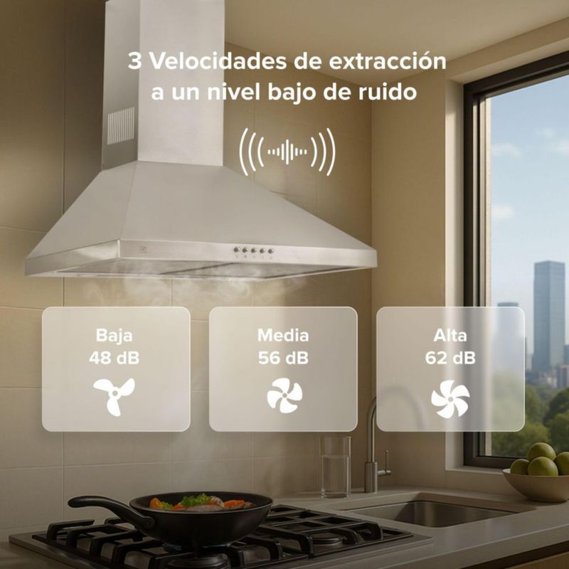 Campana para cocina de pared piramidal 60cm 3 Velocidades, Doble Filtro de malla metálica y Filtro de carbón activado, Extrae y Purifica Avera CEP60