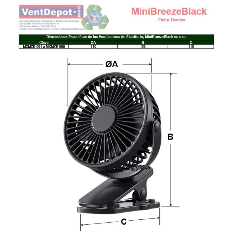 Mini Ventiladores Portatiles MXMZE-002 MiniBreezeBlack Ventilador Chico Practico