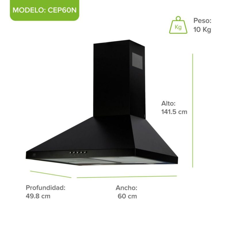 Campana para cocina de pared piramidal 60cm 3 Velocidades, Filtros malla metálica y Filtro de carbón activado, Extrae y Purifica Negro Avera CEP60N