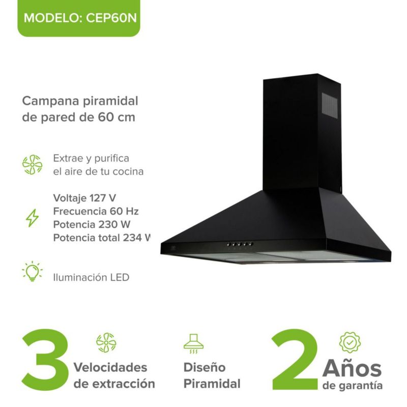 Campana para cocina de pared piramidal 60cm 3 Velocidades, Filtros malla metálica y Filtro de carbón activado, Extrae y Purifica Negro Avera CEP60N