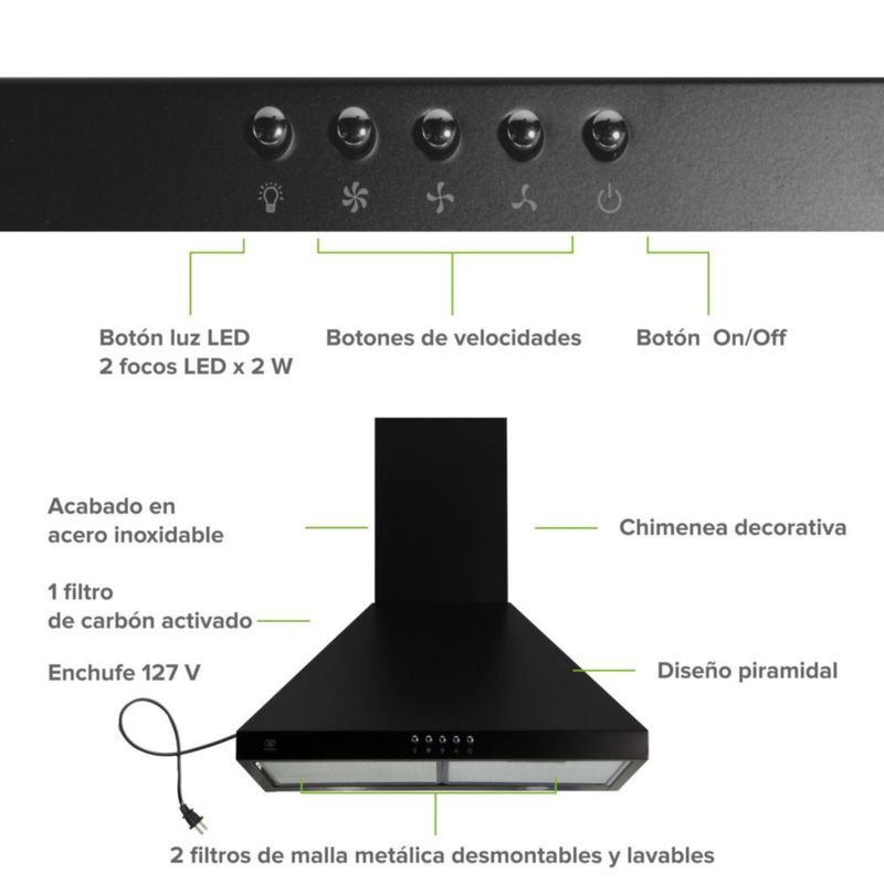 Campana para cocina de pared piramidal 60cm 3 Velocidades, Filtros malla metálica y Filtro de carbón activado, Extrae y Purifica Negro Avera CEP60N