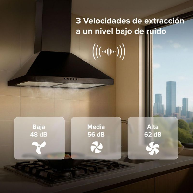 Campana para cocina de pared piramidal 60cm 3 Velocidades, Filtros malla metálica y Filtro de carbón activado, Extrae y Purifica Negro Avera CEP60N