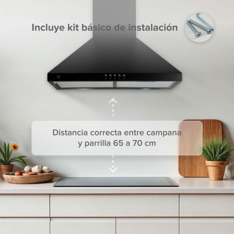 Campana para cocina de pared piramidal 60cm 3 Velocidades, Filtros malla metálica y Filtro de carbón activado, Extrae y Purifica Negro Avera CEP60N