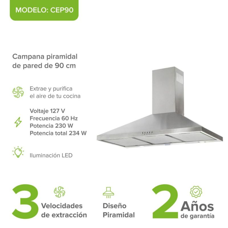Campana para cocina de pared piramidal 90cm 3 Velocidades, Doble Filtro malla metálica y Filtro de carbón activado, Extrae y Purifica Avera CEP90