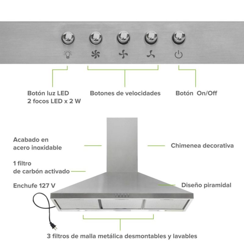 Campana para cocina de pared piramidal 90cm 3 Velocidades, Doble Filtro malla metálica y Filtro de carbón activado, Extrae y Purifica Avera CEP90