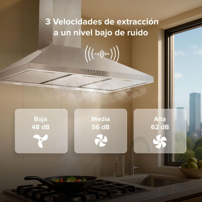 Campana para cocina de pared piramidal 90cm 3 Velocidades, Doble Filtro malla metálica y Filtro de carbón activado, Extrae y Purifica Avera CEP90