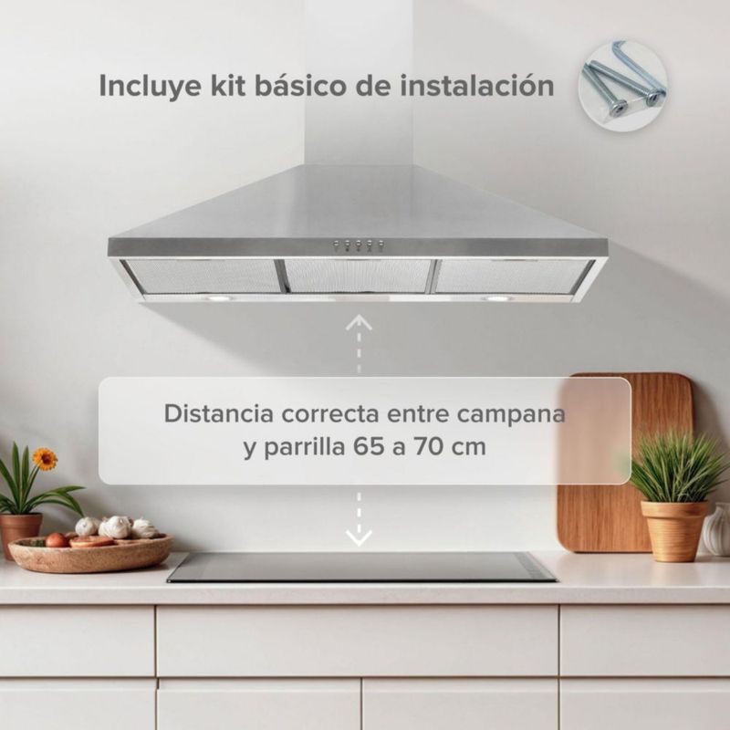 Campana para cocina de pared piramidal 90cm 3 Velocidades, Doble Filtro malla metálica y Filtro de carbón activado, Extrae y Purifica Avera CEP90